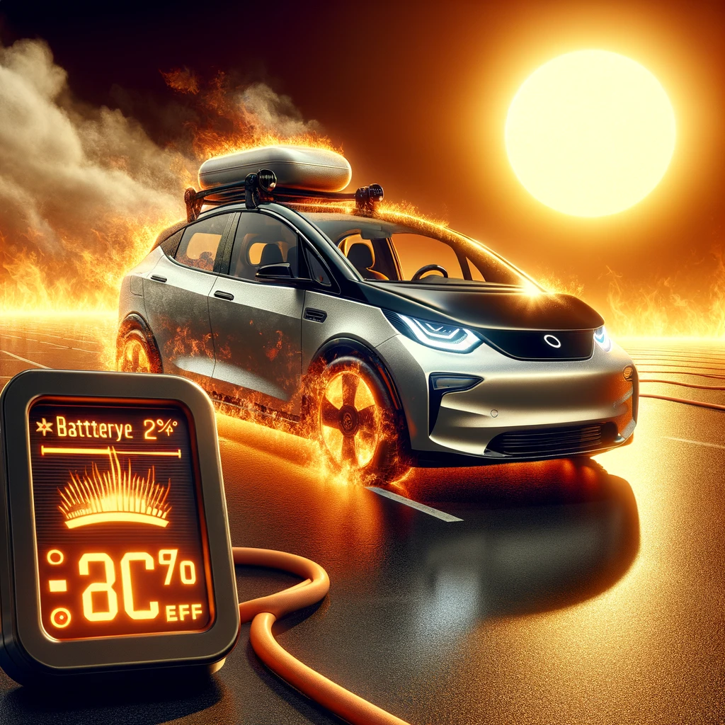 Kuvassa on esitetty sähköauto kuumassa ympäristössä, mikä havainnollistaa, kuinka äärimmäiset lämpötilat voivat vaikuttaa haitallisesti sähköauton akustoon ja yleiseen suorituskykyyn. Aurinko paistaa voimakkaasti, ja lämpöaallot nousevat hehkuvasta maanpinnasta, luoden tunteen polttavasta kuumuudesta. Sähköauto on pysäköitynä avoimelle alueelle ilman varjoa, mikä korostaa altistumista suoralle auringonvalolle ja lämpimille olosuhteille. Akun lämpötilamittari näkyy kuvan etualalla, ja se on huomattavasti normaaliarvojen yläpuolella, viitaten akun ylikuumenemiseen. Tämä kuvastaa, että pitkäaikainen altistuminen korkeille lämpötiloille voi lyhentää akun elinikää ja heikentää sen kapasiteettia. Kuvan viesti on selkeä: sähköautojen ja niiden akustojen säilyttäminen sopivassa lämpötilassa on kriittistä niiden pitkäikäisyyden ja tehokkuuden kannalta.