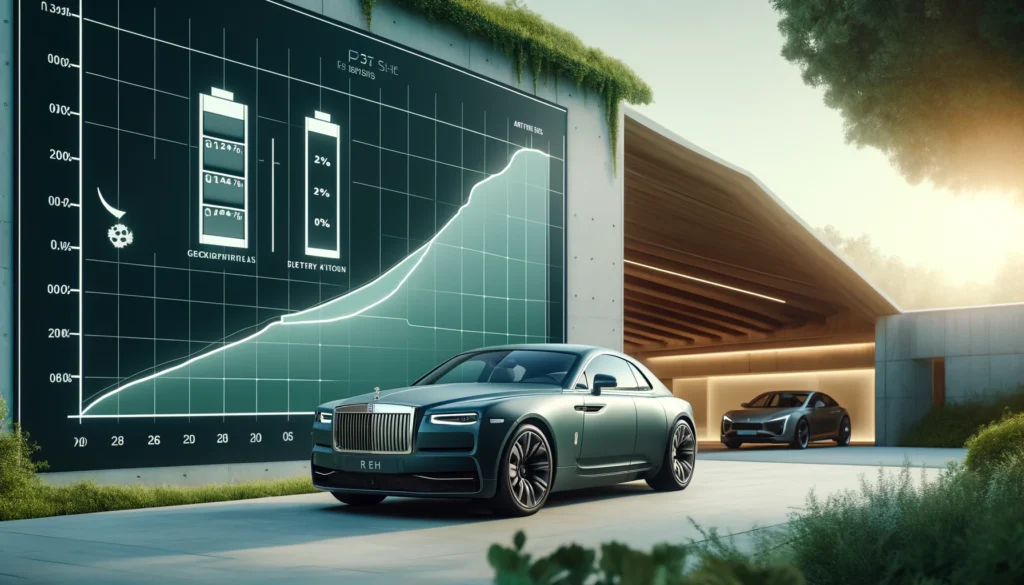 Uusi sähköinen Rolls Royce Spectre ja sen akun arvon alenema ajan myötä. Taustalla näkyy laskeva graafi, joka osoittaa akun arvon laskun eri aikajaksojen ja prosenttien mukaan. Ylellinen tausta korostaa auton ja teknologian yhdistelmää
