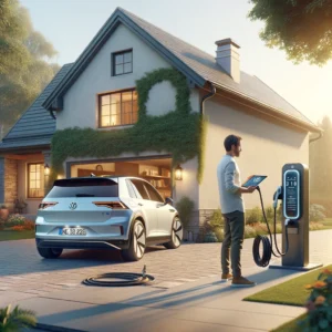 Kuvassa on mies seisomassa kotilatausaseman vieressä kotipihalla, Volkswagenin uusin sähköauto parkkeerattuna lähelle talon seinää. Talon seinään on kiinnitetty tyylikäs, moderni kotilatausasema, joka symboloi ympäristöystävällisen teknologian integroimista jokapäiväiseen elämään. Mies, pukeutunut rennosti, pitää kädessään tablettia, jonka näyttö on selkeästi näkyvissä ja esittää eri latausasemamallien yksityiskohtaisia vertailuja, korostaen hänen aktiivista etsintäänsä parhaan vaihtoehdon löytämiseksi. Latausaseman kaapeli on siististi kierretty sen viereen, valmiina käyttöön. Ympäristö heijastaa tyypillistä asuinaluetta, vihreyttä ja myöhäisen iltapäivän lämmintä valaistusta, kuvastaen rauhallista mutta teknologisesti edistynyttä kotielämää.