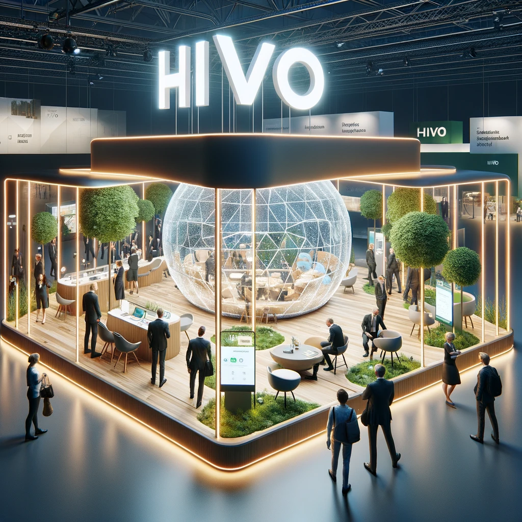 Kuvittele, että olet Jyväskylän paviljongin rakennusmessuilla, missä Hivo esittelee innovaatioitaan. Messupiste on suunniteltu vetämään puoleensa kävijöitä modernilla ja inspiroivalla tavalla. Rakenteet ovat sekä futuristisia että kestävän kehityksen mukaisia, luoden visuaalisen kerronnan, joka kuvastaa Hivon sitoutumista innovaatioon ja ympäristön huomioimiseen. Messupisteellä on interaktiivisia näyttöjä, jotka esittelevät uusimpia tuotteita ja palveluita, ja asiantuntijat keskustelevat kävijöiden kanssa jakamassa tietoa ja inspiraatiota. Valaistus on suunniteltu korostamaan tuotteiden ja palveluiden piirteitä, samalla kun se luo kutsuvan ja energisen tunnelman. Pisteellä on myös viheralueita, jotka tuovat esiin yrityksen sitoutumisen kestävään kehitykseen, tarjoten samalla levähdyspaikan messuvieraille. Tämä on kohtaus, joka herättää uteliaisuutta ja innostusta, kutsuen kävijöitä tutustumaan lähemmin siihen, miten Hivo voi auttaa heitä saavuttamaan omat tavoitteensa innovatiivisesti ja vastuullisesti.