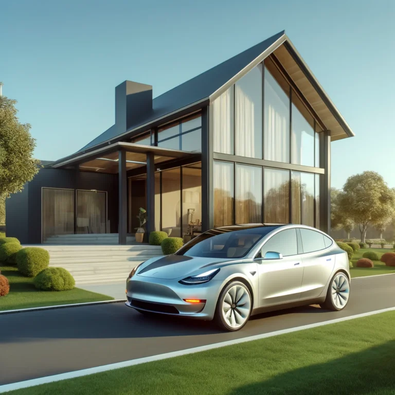 Nykyaikainen talo, jonka avaralla pihalla seisoo tyylikäs sähköauto, joka muistuttaa Tesla Model Y:tä. Tämä kuva korostaa ekologista elämäntapaa modernissa ympäristössä, suurten ikkunoiden ja minimalistisen estetiikan vallitessa.