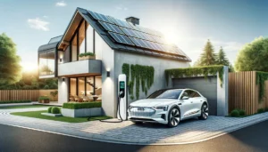 Tässä kuvassa on moderni koti, jonka pihalla seisoo sähköauto, joka muistuttaa BYD-merkkistä autoa. Auto on kytketty seinään kiinnitettävään latausasemaan, joka on suunniteltu tyylikkääksi ja moderniksi. Talo on varustettu kattosolarpaneeleilla, jotka viestivät ekologisen energiankäytön merkityksestä. Kuva on otettu kirkkaana aurinkoisena päivänä, mikä korostaa solarpaneelien roolia energiantuotannossa. Latausasema on keskeisessä roolissa kuvassa, kuvastaen käytännöllisyyttä ja teknologista edistystä, joka mahdollistaa sähköauton lataamisen omassa pihassa. Latausaseman sujuva integrointi kotiympäristöön tekee siitä olennaisen osan nykyaikaista, ekologisesti tietoista elämäntapaa. Latausaseman ansiosta auto on aina valmis käyttöön, ja se tarjoaa nopean ja helpon tavan varmistaa, että sähköauto on latautunut ja valmis seuraavan päivän ajoihin. Tässä kuvassa näkyy moderni koti, jonka pihatiellä on parkkeerattuna luksusluokan sähköauto, joka muistuttaa Audi e-tronia. Auto on kytketty tyylikkääseen ja moderniin seinään asennettuun latausasemaan. Talon katolla on solarpaneeleja, jotka viestittävät kodin sitoutumisesta uusiutuvien energialähteiden käyttöön. Kuva on otettu kauniina aurinkoisena päivänä, mikä korostaa solarpaneelien roolia kodin energiantuotannossa. Latausasema on näkyvä ja keskeinen osa kuvaa, mikä korostaa sen tärkeyttä sähköautoilun arkipäiväistymisessä. Latausaseman sijainti omalla pihatiellä tarjoaa kätevyyttä ja nopeutta sähköauton lataamiseen, mikä eliminoi tarpeen etsiä latauspistettä muualta. Tämä latausasema mahdollistaa sen, että auto on aina latautunut ja valmis käyttöön ilman huolta akun tyhjenemisestä. Latausaseman suunnittelu ja sijoittelu kotiympäristöön on tehty huolellisesti, jotta se toimii sekä käytännöllisesti että esteettisesti miellyttävästi. Latausasema integroituu saumattomasti kodin arkkitehtuuriin, mikä osoittaa, kuinka teknologia ja moderni asuminen voivat kulkea käsikädessä. Latausaseman hienostunut muotoilu lisää kodin visuaalista vetovoimaa ja korostaa omistajansa ympäristötietoisuutta.