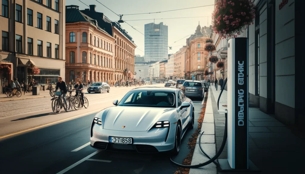 Kuvassa näkyy Porsche Taycan -sähköauto latauksessa Helsingin kadulla. Auto on kytketty latausasemaan, joka sijaitsee jalkakäytävällä kaupungin keskustassa. Taustalla näkyy tyypillisiä Helsingin kaupunkirakennuksia, ja kadulla on liikennettä sekä jalankulkijoita ja pyöräilijöitä. Aurinko paistaa kirkkaalta taivaalta, mikä luo valoisan ja aktiivisen kaupunkimaiseman. Kuvassa korostuu latausnopeus, joka mahdollistaa Porsche Taycanin nopean lataamisen kaupunkiympäristössä.