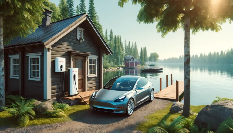 Kuvassa näkyy realistinen maisema, jossa Tesla-sähköauto lataa kesämökillä järven rannassa Suomessa. Auto on kytketty pieneen latausasemaan, joka on kiinnitetty mökin puiseen seinään. Taustalla näkyy perinteinen suomalainen mökki, rauhallinen järvi, laituri ja vehreä ympäristö. Taivas on kirkas ja aurinkoinen, mikä korostaa maiseman rauhallisuutta ja luonnon kauneutta. Kuvassa korostuu latausnopeus, joka mahdollistaa Teslan tehokkaan lataamisen myös kesämökillä.