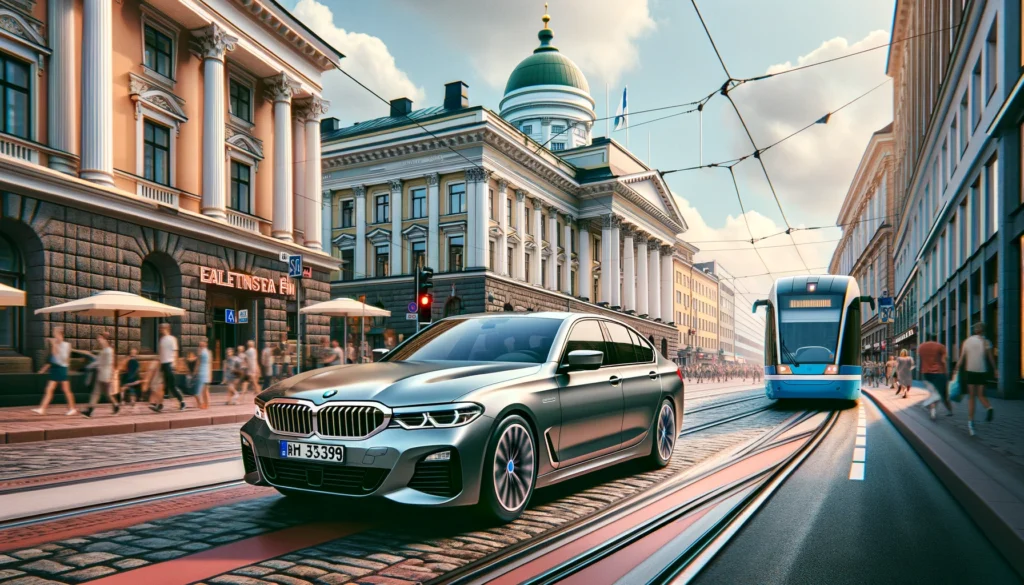 Auto, joka muistuttaa BMW 530e hybridiä, ajaa Helsingin keskustassa, Suomessa. Auto liikkuu vilkkaiden katujen läpi, joiden taustalla on Helsingin keskustalle tyypillisiä maamerkkejä, rakennuksia ja elementtejä. Näkyvillä on raitiovaunuja, katukylttejä, jalankulkijoita ja urbaania arkkitehtuuria, jotka luovat vilkkaan päivän tunnelman Helsingin keskustassa.