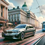 Auto, joka muistuttaa BMW 530e hybridiä, ajaa Helsingin keskustassa, Suomessa. Auto liikkuu vilkkaiden katujen läpi, joiden taustalla on Helsingin keskustalle tyypillisiä maamerkkejä, rakennuksia ja elementtejä. Näkyvillä on raitiovaunuja, katukylttejä, jalankulkijoita ja urbaania arkkitehtuuria, jotka luovat vilkkaan päivän tunnelman Helsingin keskustassa.