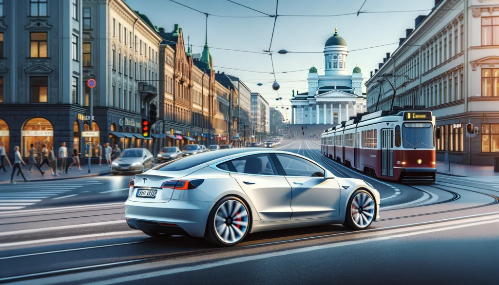 Auto, joka muistuttaa Tesla Model 3 Performance -mallia, ajaa kadulla Helsingissä, Suomessa. Auto on liikkeessä vilkkaiden katujen läpi, joiden taustalla on Helsingin keskustalle tyypillisiä maamerkkejä, rakennuksia ja elementtejä. Näkyvillä on raitiovaunuja, katukylttejä, jalankulkijoita ja urbaania arkkitehtuuria, jotka luovat vilkkaan päivän tunnelman Helsingin keskustassa.