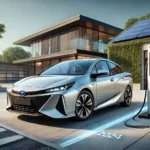 **Kuvateksti:** Uusi 2024 Toyota Prius latautumassa kotilatausasemalla modernissa ympäristössä, korostaen auton aerodynaamista muotoilua ja kestävän autoilun edistämistä uusiutuvan energian avulla.