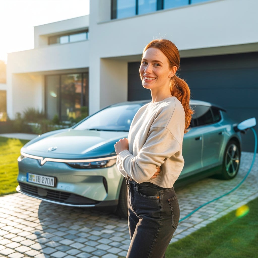 A lifestyle photograph showcasing a smiling woman standing proudly in front of her sleek, electric blue bmw in a modern, minimalist home. She has warm, hazel eyes and a genuine, joyful expression as she looks towards the viewer, radiating excitement about her new purchase. The car is parked on a driveway of smooth grey pavers, with a modern house featuring clean lines and large windows visible in the background aswell as a little home charging startion . Soft, diffused sunlight bathes the scene, creating a bright and optimistic atmosphere.
